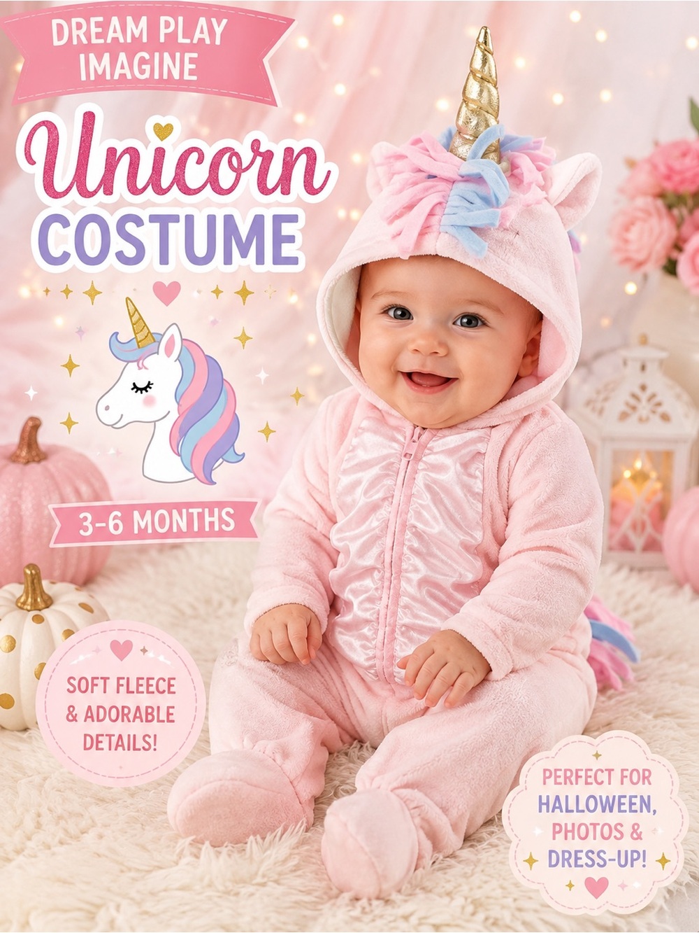 🎃 Dream Play Baby Unicorn Costume Pink Fleece Hooded 3-6 Months NWOT